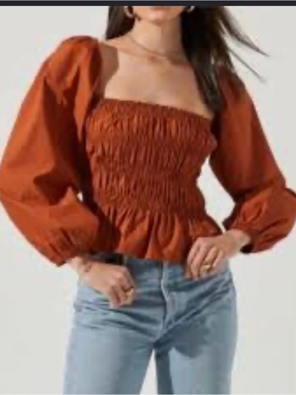 Astr The Label Rust Smocked Square-Neck Puff Bubble  Sleeve Top Size S Cottage